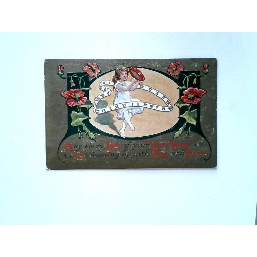 Vintage New Year Postcard Dancing Girl Tambourine Embossed Flowers 1910s